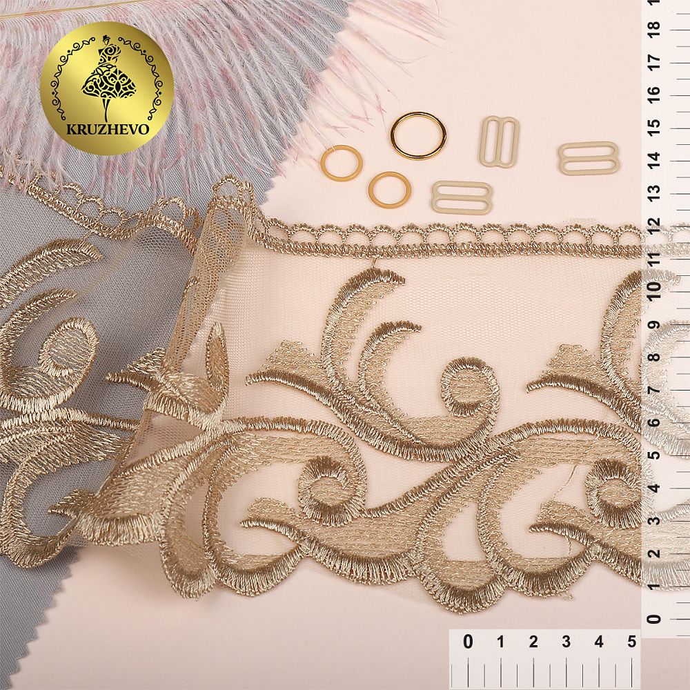 Кружево на сетке широкое 120 мм, диз. 231, цв.N6115 золотисто-бежевый уп. 13.71 м, Kruzhevo