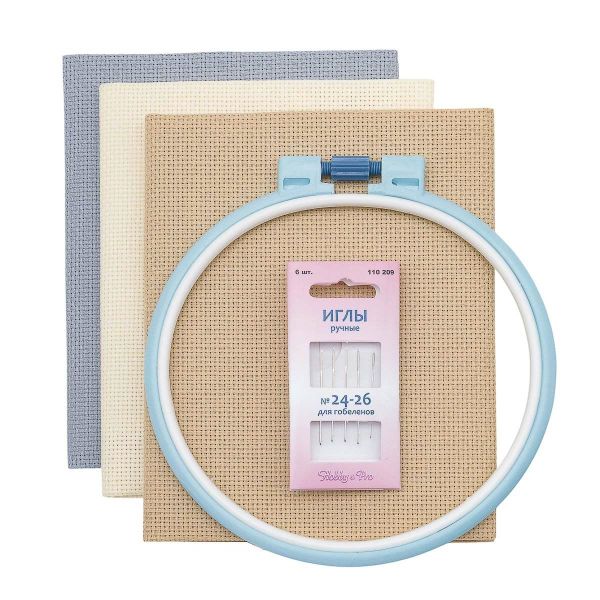 Базовый набор для вышивания: канва 50х50 см (кремовый/серый/бежевый) + пяльцы и иглы, 624010-14C/T Bestex