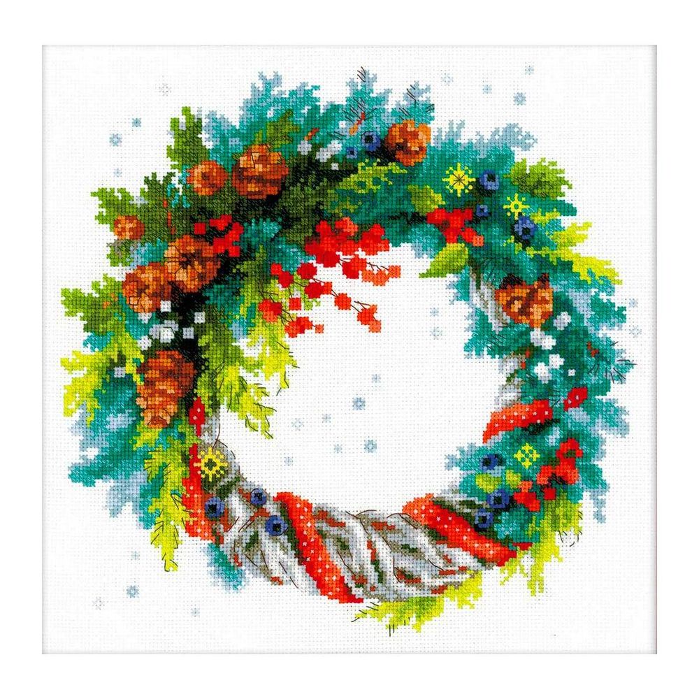 Набор для вышивания нитками Риолис, Венок с голубой елью 30х30см