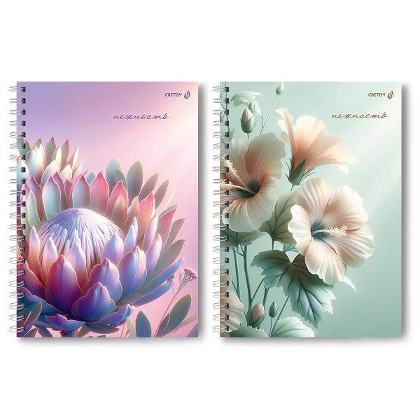 Тетрадь ученическая общая, выборочный УФ лак, A4 80 л. на гребне 65 г/м², белизна 100 %, 4 шт, клетка, 01243 Экзотические цветы, Светоч Т128