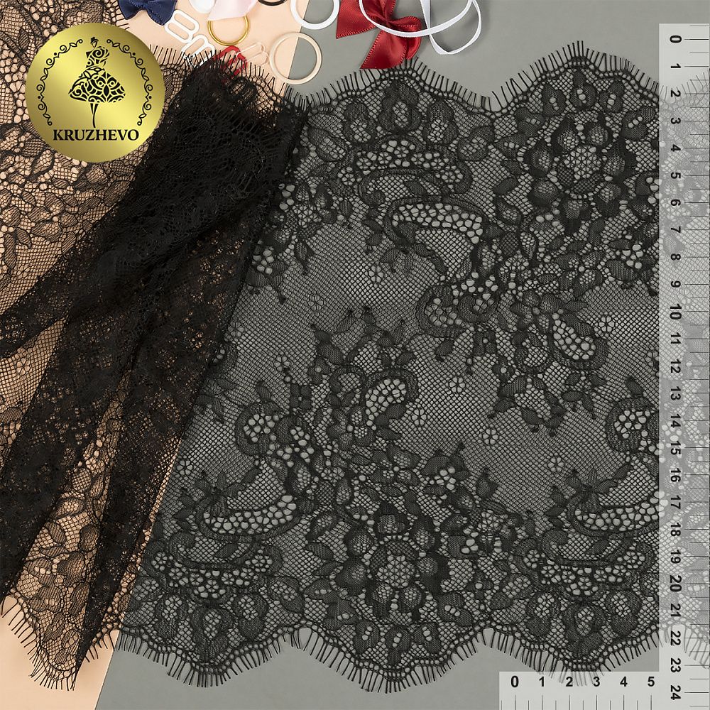 Кружево шантильи (реснички) 240 мм, цв.02 черный, уп. 3 м, Kruzhevo