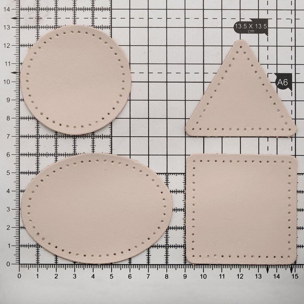 Набор заплаток пришивных из кожи, круг, квадрат, треугольник, овал 6см, с перфорацией, 4 шт (06 бежевый), 9723