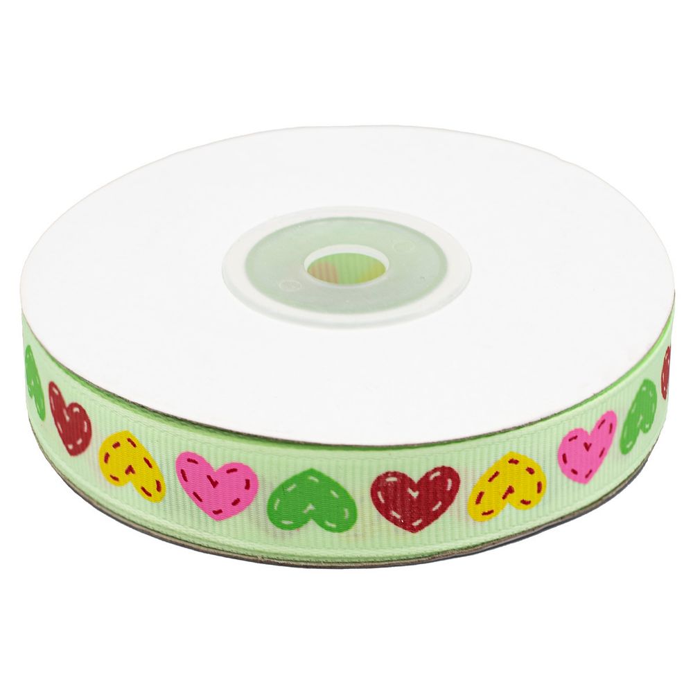 Лента репсовая (в рубчик) Сердечки 1,5см*22.86 м (св.зеленый)