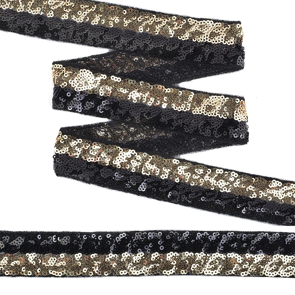 Тесьма с пайетками с двумя полосками на сетке 30 мм, черный+золото, уп.13.7м