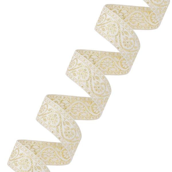 Лента (тесьма) жаккардовая 32.0 мм / 25±1 метров, с метанитом рис. 9819, белый/золото, С3104Г17