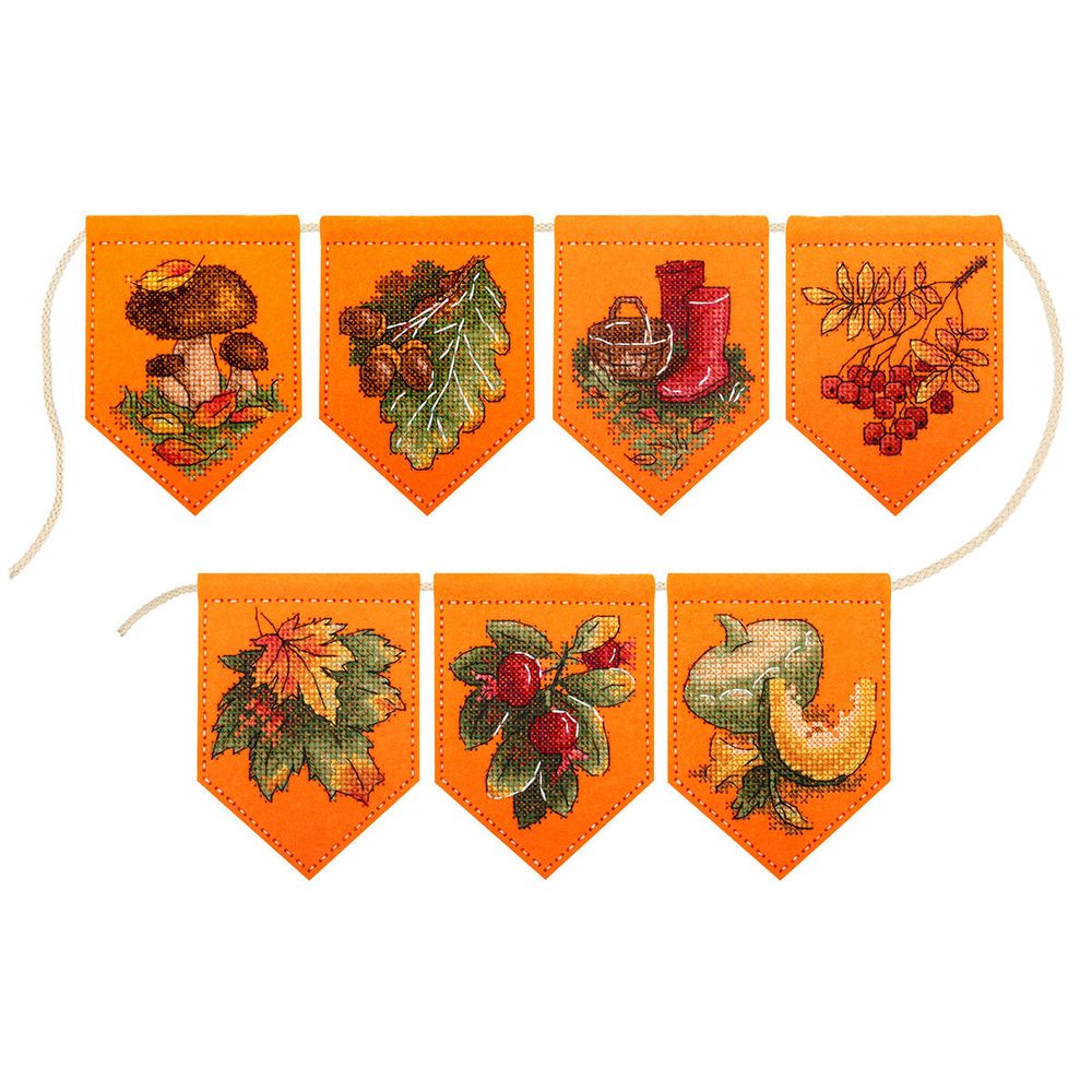 Набор для вышивания нитками МП Студия, на фетре Осенняя гирлянда оранжевая (7 флажков) 13х11см
