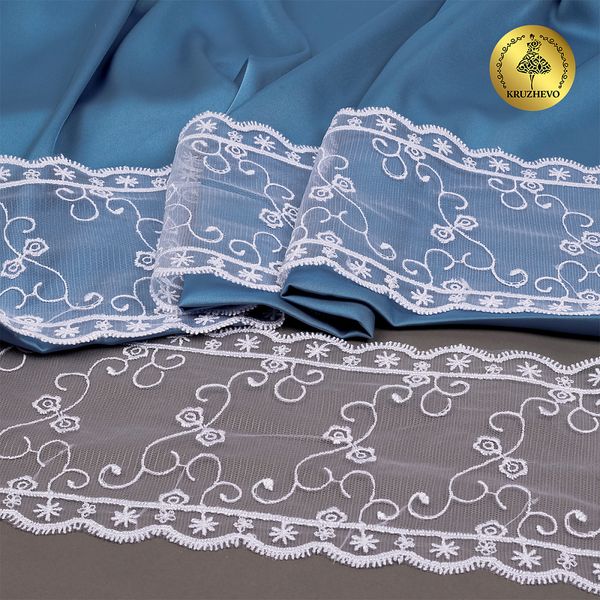 Кружево на сетке широкое 120 мм, цв.01 белый, уп.13.7м, Kruzhevo