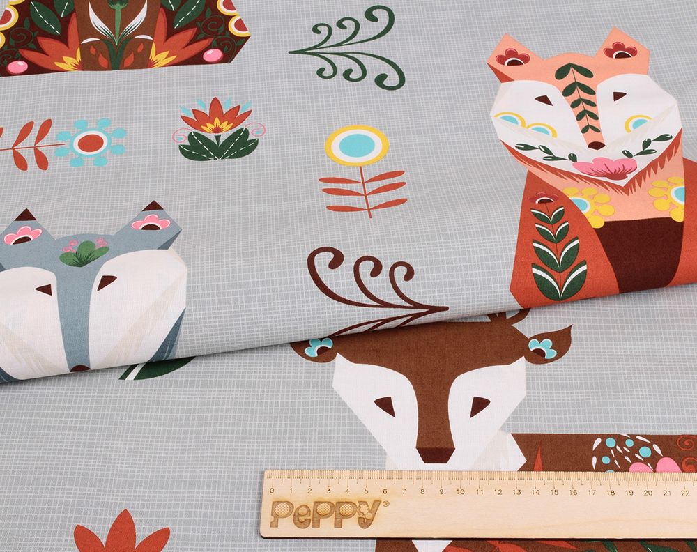 Ткань для пэчворка Peppy Лесные жители, рулон 112 см / 5 метров, ЛЖ-03 Панель серый, Peppy