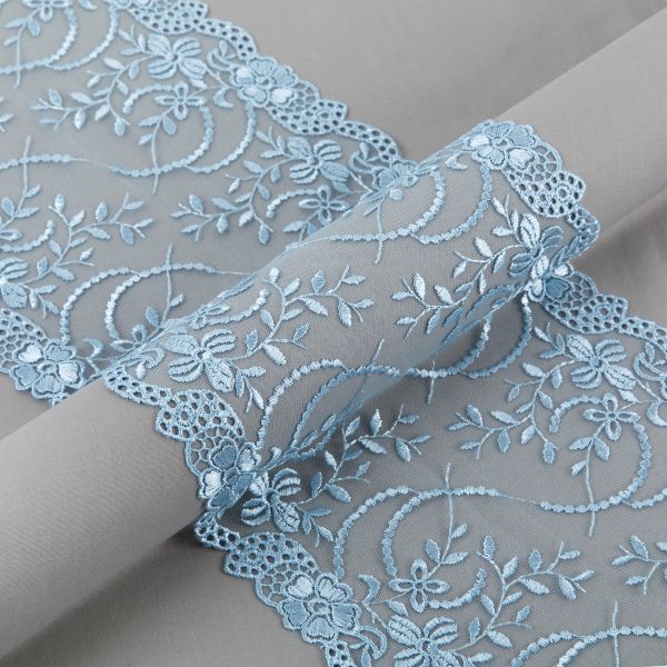 Кружево на сетке 180 мм / 10±0.2 метров, Турция, нежно-голубой, Blitz