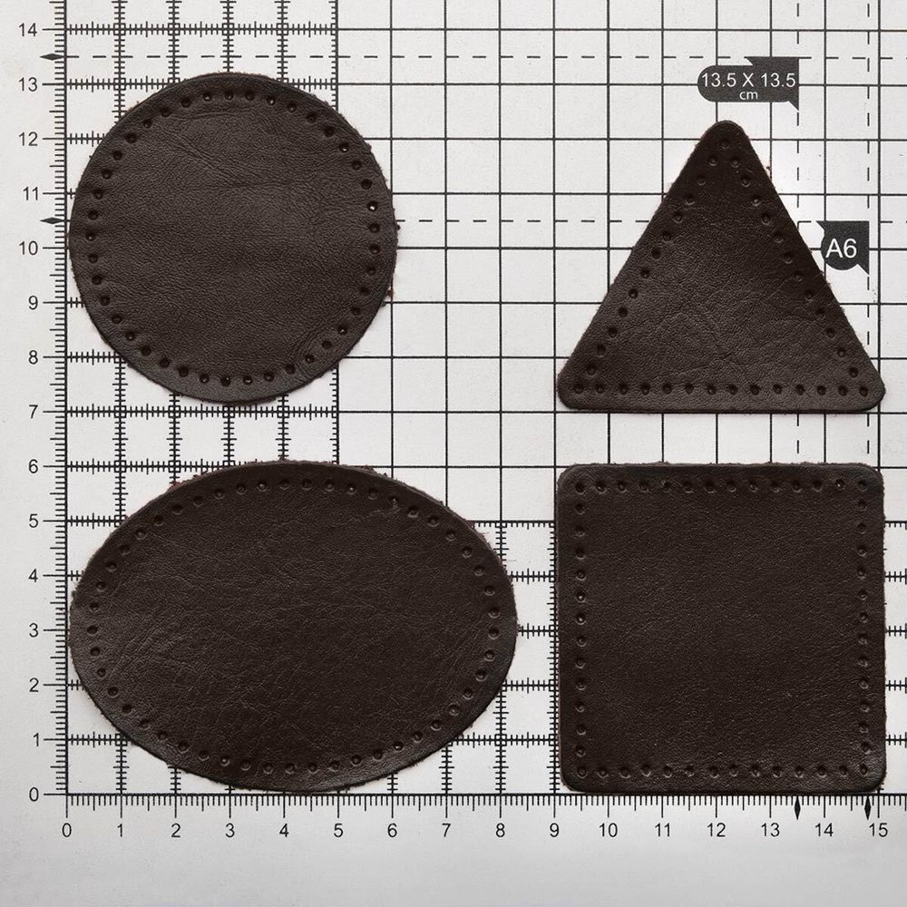 Набор заплаток пришивных из кожи, круг, квадрат, треугольник, овал 6см, с перфорацией, 4 шт (03 темно-коричневый), 9723