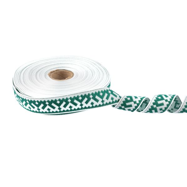 Лента (тесьма) жаккардовая 24.0 мм / 25 метров, Орнамент для северных народов, рис 9674 белый/т.зеленый, Gamma С3772