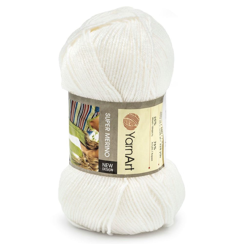 Пряжа YarnArt (ЯрнАрт) Super Merino / уп.5 мот. по 100 г, 300м, 208 белый