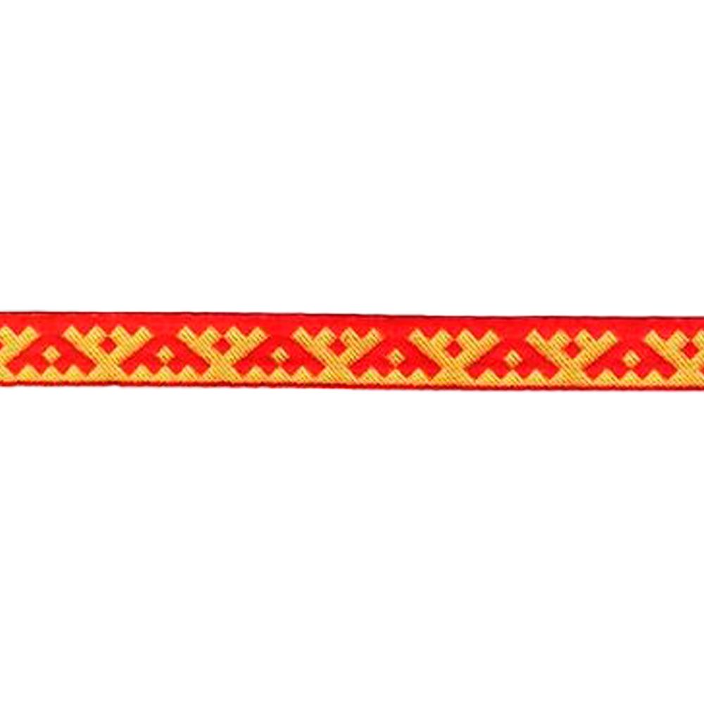 Лента (тесьма) жаккардовая 18 мм / 25 метров, Орнамент для северных народов, рис 6753 красно-желтый (1), Gamma С3771