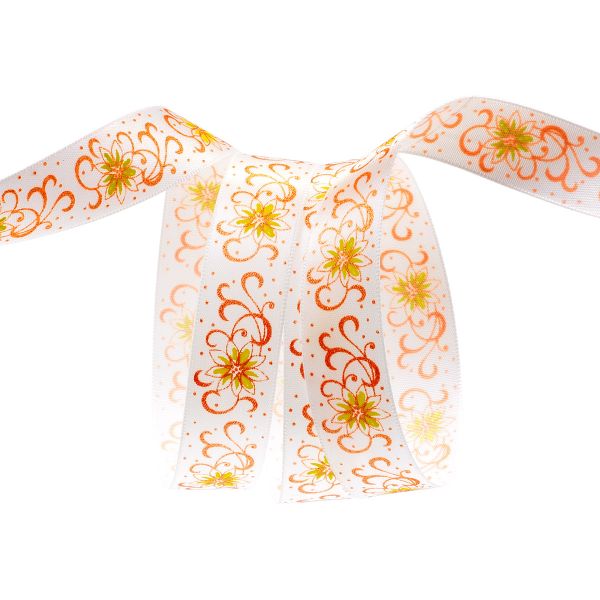 Лента атласная с надписью 20.0 мм / 22.5±1 метров, Цветочный узор, 029 белый, Globus