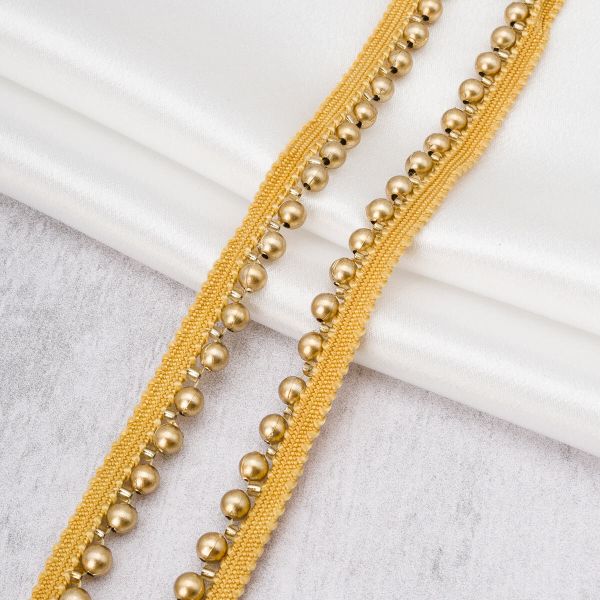 Кант декоративный с бусинами жемчуг и бисером 14 мм / 9.14 метра, золото, 3Al295