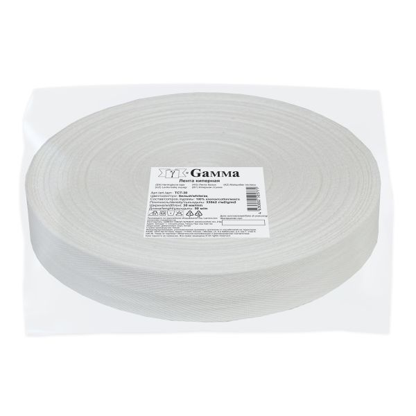 Тесьма (лента) киперная (100 х/б) 30 мм / 50 метров, белый/white, Gamma TCT-30
