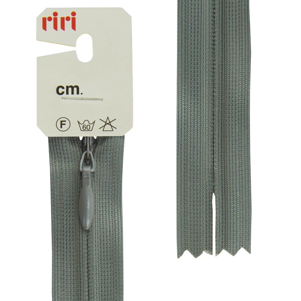 Молния скрытая (потайная) RIRI Т3 (3 мм), н/раз., 40 см, цв. тесьмы 2107, серо-зеленый, упак. 5 шт