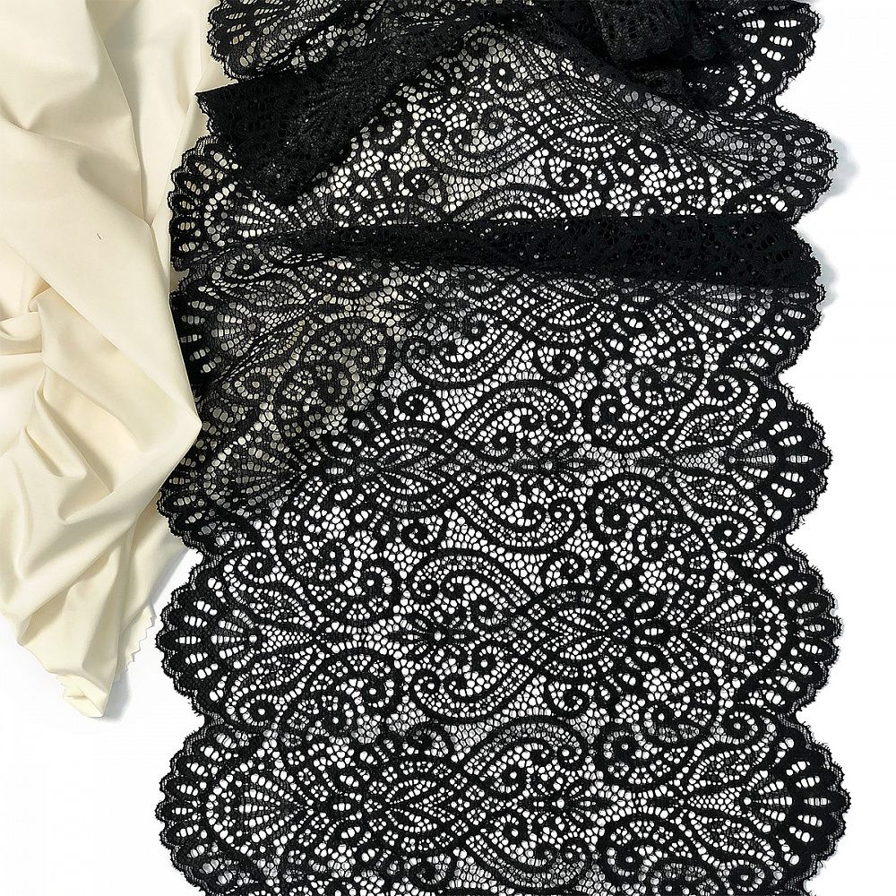 Кружево бельевое эластичное 240 мм / 25 м, 40992, цв.170 черный, Kruzhevo