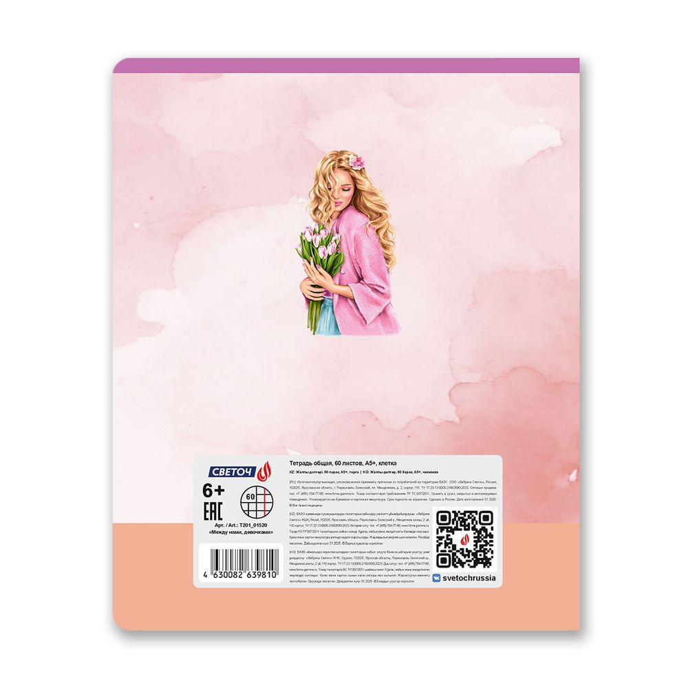 Тетрадь ученическая общая, твин лак A5 60 л. на скобе 65 г/м², белизна 100% 10 шт клетка, 01520 Между нами, девочками, Светоч Т201
