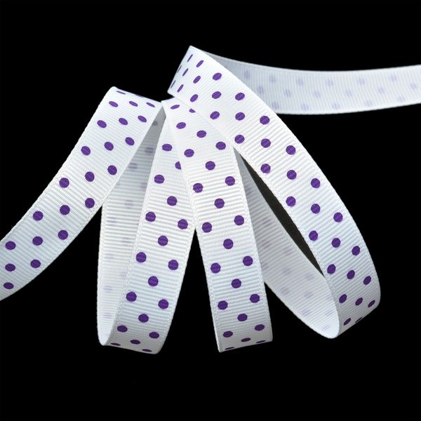 Лента репсовая (в рубчик) 12.0 мм / 27.4±2 метров, LDRG02946512 (79) крупный горошек, белый-сиреневый