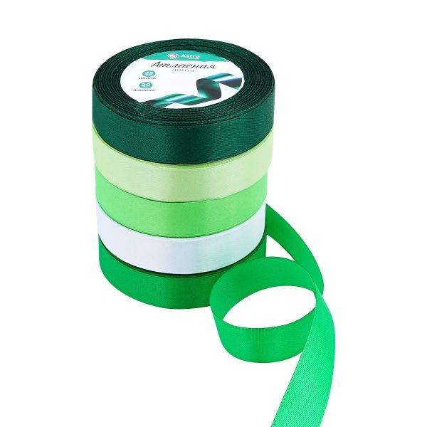 Набор атласных лент 5 цветов по 23.0 мм / 23 метра, зеленый микс