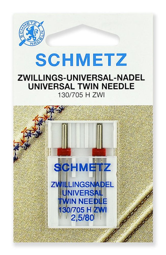 Иглы для швейных машин базовые универсальные 130/705 H ZWI, №80/2.5, двойные, (5 упак по 2 иглы), 70:25.2.DCS, SCHMETZ