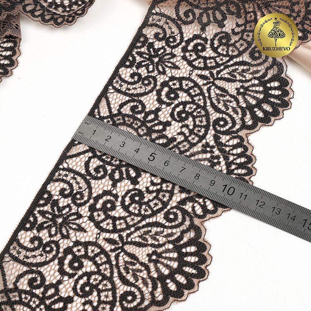 Кружево эластичное (стрейч) 110 мм, 40992PP цв.L30 кофе с молоком+черный, 3 метра, Kruzhevo