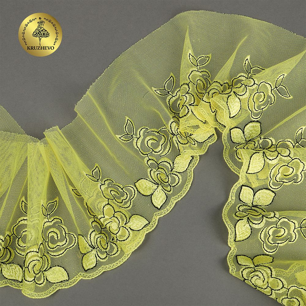 Кружево на сетке (вышитое) 135 мм, цв.желтый, правая, 6м, Kruzhevo