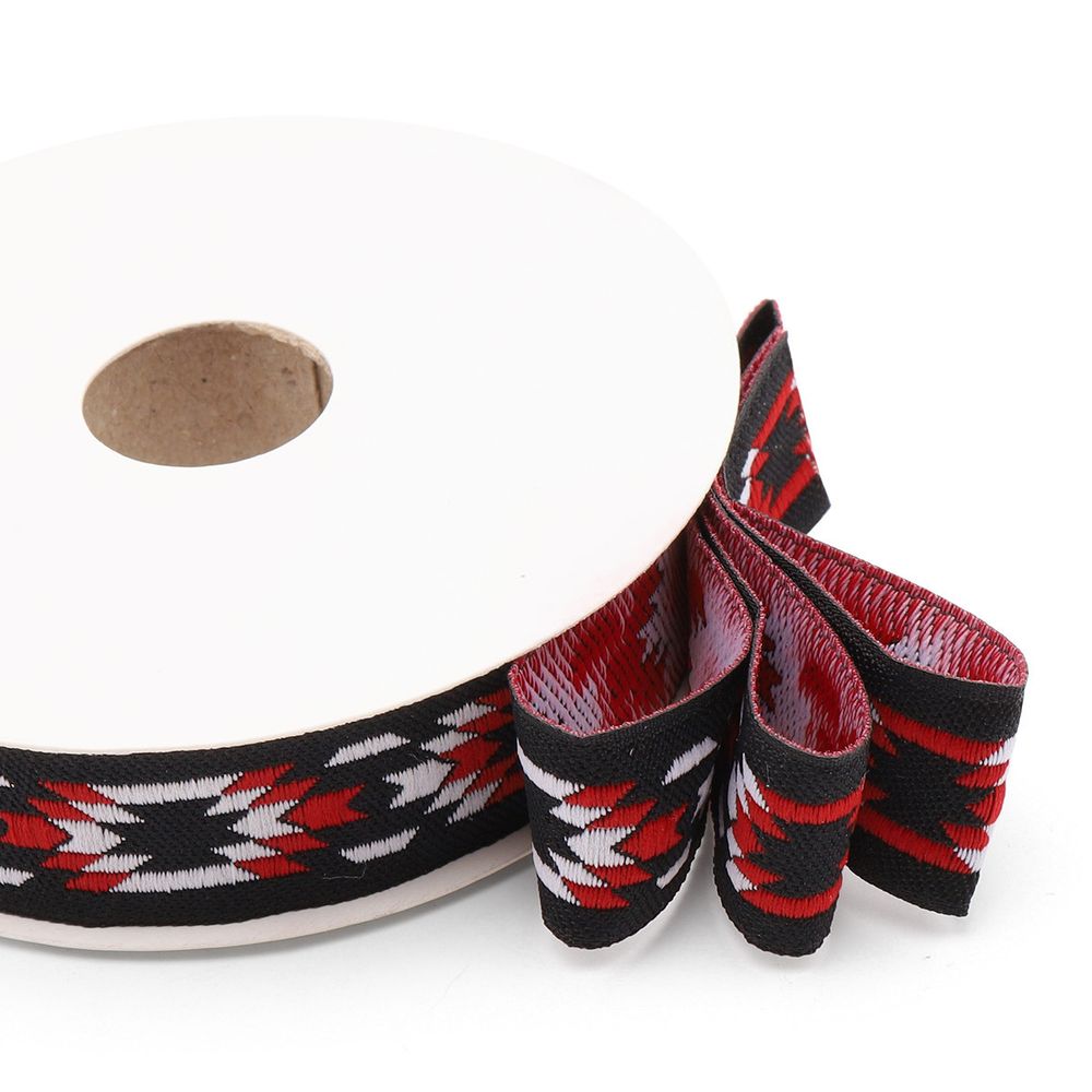 Лента (тесьма) жаккардовая 20.0 мм / 10±0.5 метров, Геометрический орнамент 20279 V1 черный/красный