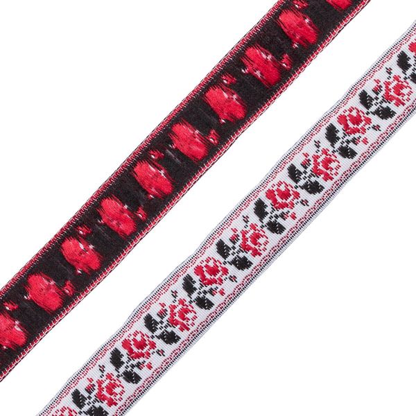 Лента (тесьма) жаккардовая 15.0 мм / 20±1 метров, белый/ красный, 8А207