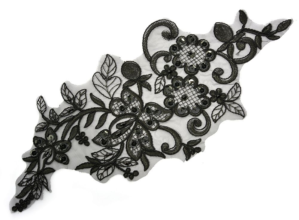Пришивная кружевная аппликация с пайетками и бусинами уп., 2 шт, цв.01 черный 370x150 мм, Kruzhevo