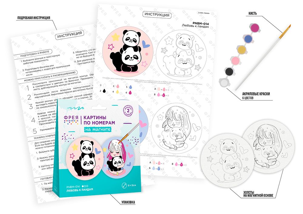 Картина по номерам Фрея PNBM-014, Любовь к пандам, (на магните) 9х9 см