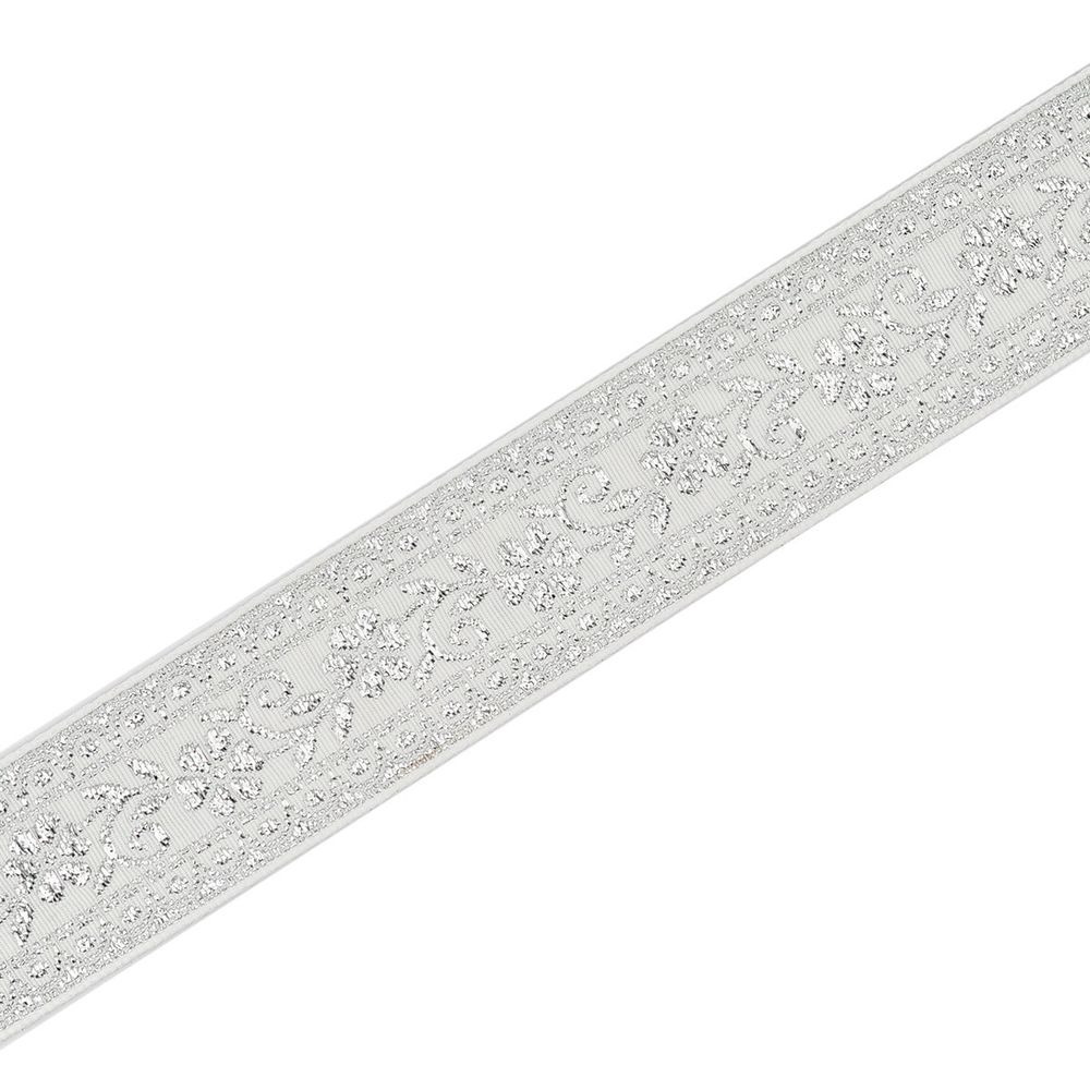 Лента (тесьма) жаккардовая 32.0 мм / 25±1 метров, с метанитом рис. 9842, белый/серебро, С3104Г17