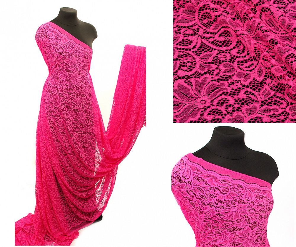 Ткань кружевная (гипюр) в нарезке с кордом 130 г/м², 150 см / 1 метр, TBY.3036, цв.312 фуксия