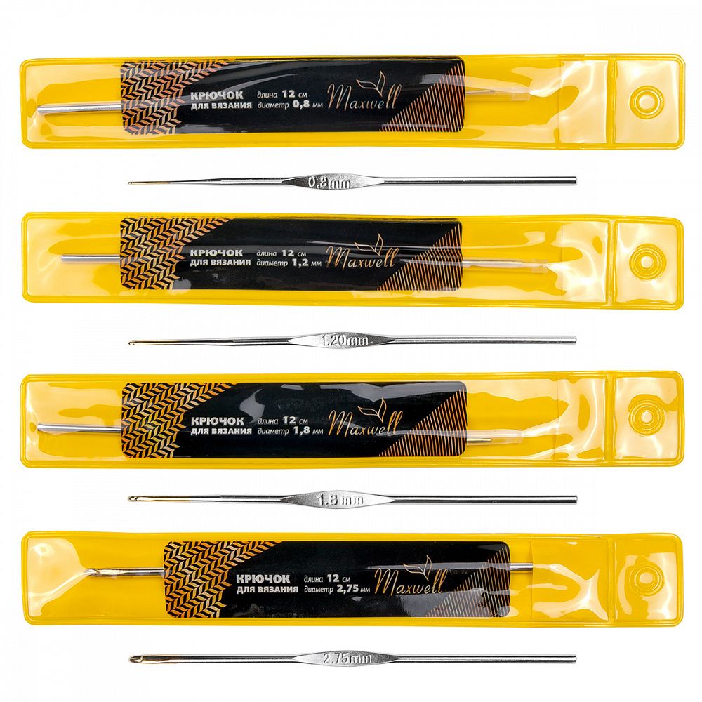 Набор крючков для вязания с золотой головкой Maxwell Gold (0.8 мм/ 1.2 мм/ 1.8 мм/ 2.75 мм)