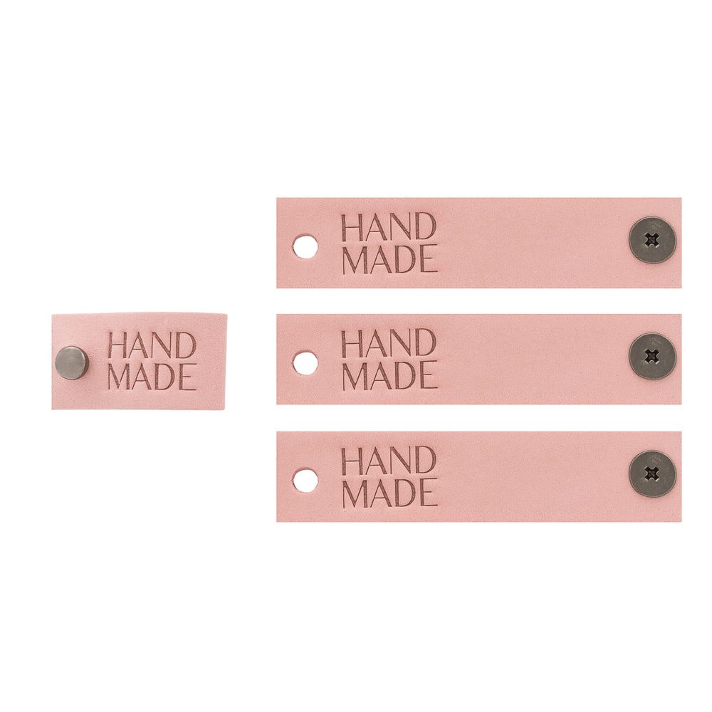 Кожаные бирки с тиснением на кнопке Hand Made 17х70 мм, 4 шт, розовый