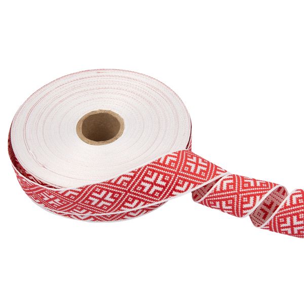 Лента (тесьма) жаккардовая 32.0 мм / 25 метров, Орнамент для северных народов, рис 9894 белый/красный, Gamma С3774