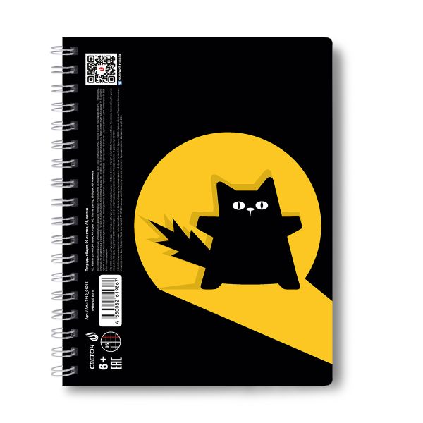 Тетрадь-перевертыш ученическая общая, A5 96 л. на гребне 65 г/м², белизна 100 %, 4 шт, клетка, 01215 Чёрный кот, Светоч Т119