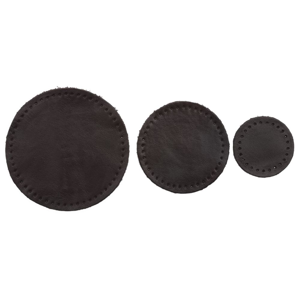 Набор заплаток пришивных из кожи, круг ⌀4см, 6см и 8см, с перфорацией, 3 шт, 100% кожа (03 темно-коричневый), 9401