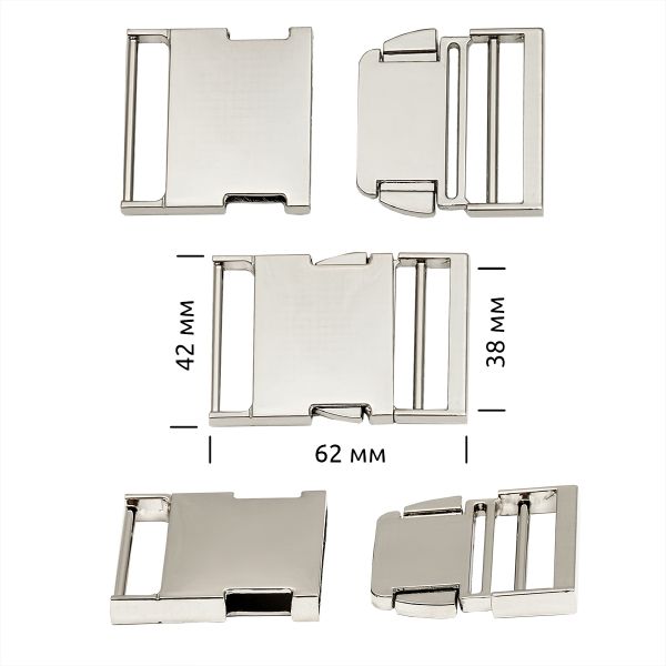 Фастекс (пряжка трезубец) металл 38 мм, 62x42 мм, никель, 6 шт