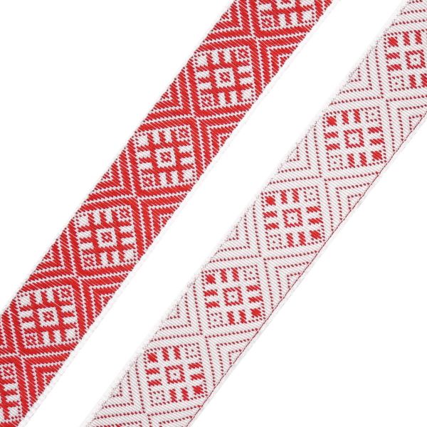 Лента (тесьма) жаккардовая 18.0 мм / 25±1 метров, Славянский орнамент Оберег, рис.9649 (1 белый/красный) С3771Г17