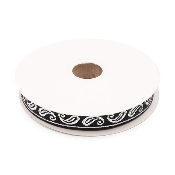 Тесьма декоративная металлизированная Пейсли 15 мм / 25 метров, 15006 черный/серебро