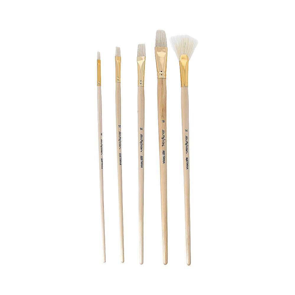 Кисть щетина (набор), 5 шт, длинная ручка, плоские 6, 10, 14, 18, веерная 14, Mr.Painter BBR 01-05