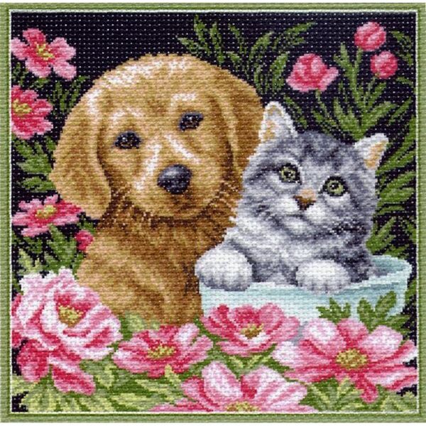 Набор для вышивания нитками Матренин Посад, Котик и собачка 41х41 см