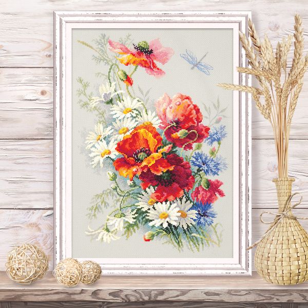 Набор для вышивания нитками Чудесная игла, Маки и ромашки 28х39 см