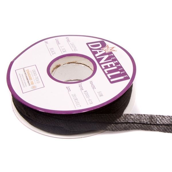 Лента клеевая нитепрошивная по косой со строчкой 45 г/м², 15 мм, точечный клей PA+PES, 100 метров, черный, LK4YP45, Danelli, OEKO-TEX®