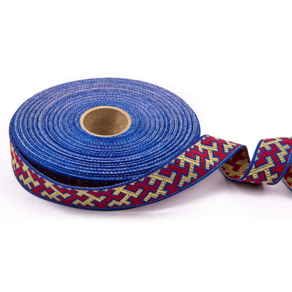 Лента (тесьма) жаккардовая 24.0 мм / 25±1 метров, Орнаменты и узоры народов севера, синий-желтый-красный, Gamma С3772Г17 рис.9615