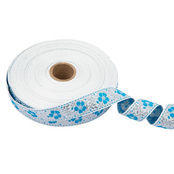 Лента (тесьма) жаккардовая 23.0-25.0 мм / 25 метров, ЦВЕТЫ, белый/под серебро, Blitz