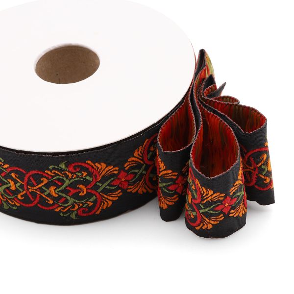 Лента (тесьма) жаккардовая 35.0 мм / 10±0.5 метров, Дамаск 35976 V6 черный/оранжевый