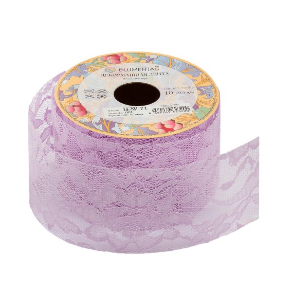 Лента декоративная 62 мм / 10±1 метров, 081 св.фиолетовый/кружево, Blumentag LRW-71